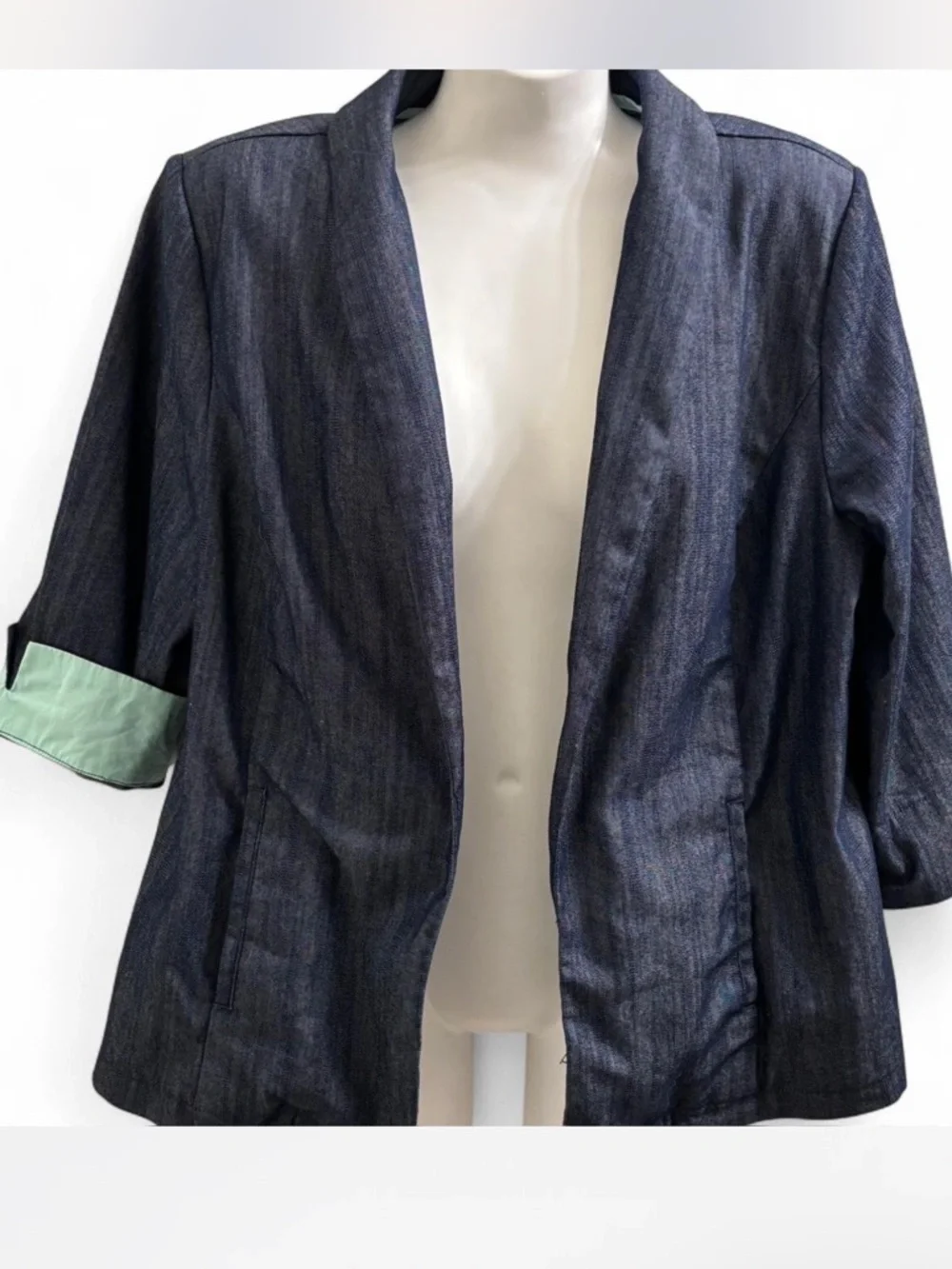 Christopher & Banks Navy Denim Blazer with Mint Cuffs